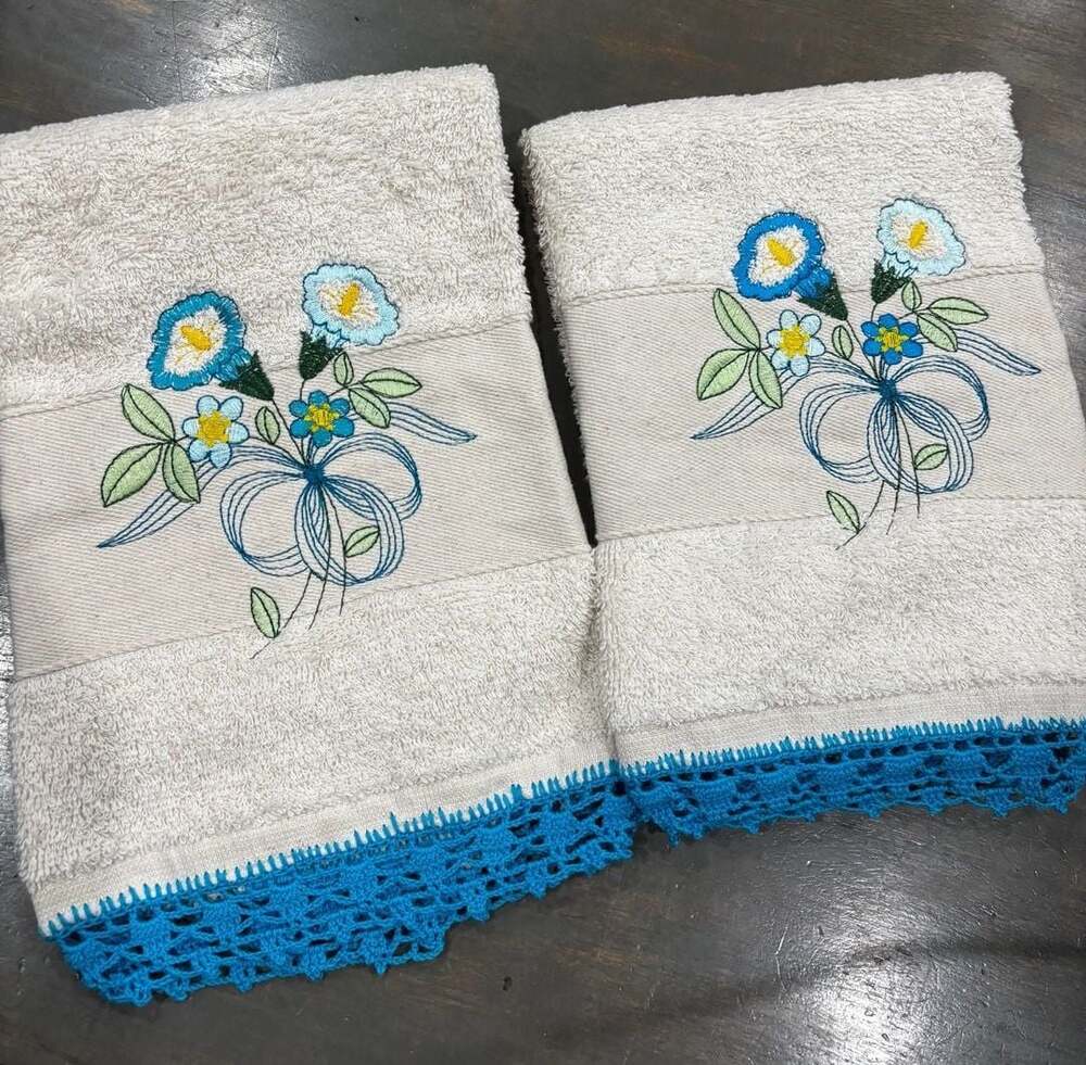 Handmade Blue Floral Embroidered Towel Set with Crochet Lace Trim